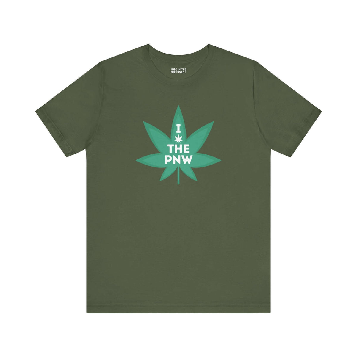 Green tee with "I (Weed) the PNW" marijuana leaf design, celebrating Pacific Northwest nature and laid-back style.