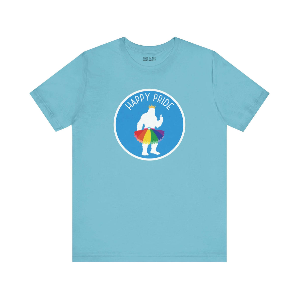 Blue tee with whimsical Bigfoot in rainbow tutu and crown, featuring "Happy Pride" text, perfect for Pride events and celebrations.