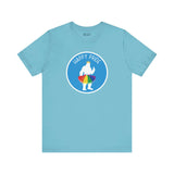 Blue tee with whimsical Bigfoot in rainbow tutu and crown, featuring 