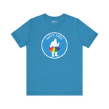 Blue tee with a silhouette of Bigfoot in a rainbow tutu and crown, encircled with 