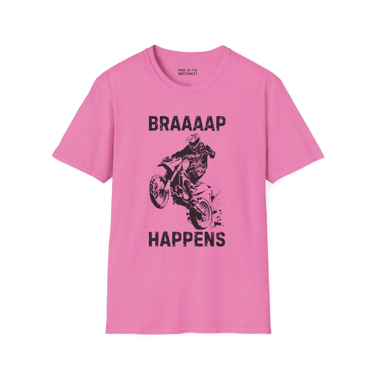 Braaaap Happens motocross softstyle t-shirt in pink featuring a motocross rider and bold text design.