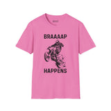 Braaaap Happens motocross softstyle t-shirt in pink featuring a motocross rider and bold text design.