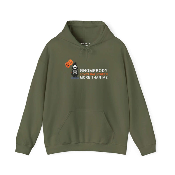 Gnomebody Loves Halloween hoodie in olive green with skeleton gnome and Halloween balloons design.
