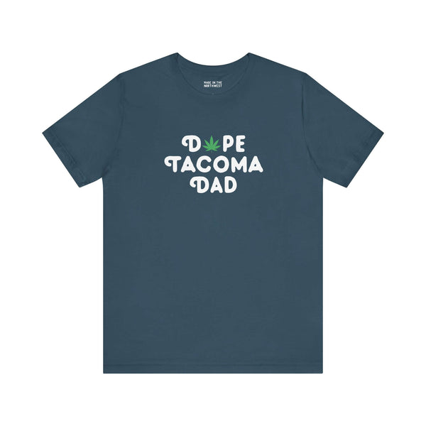 Dope Tacoma Dad soft tee featuring playful marijuana leaf design, perfect for cool dads embracing Washington's vibe.