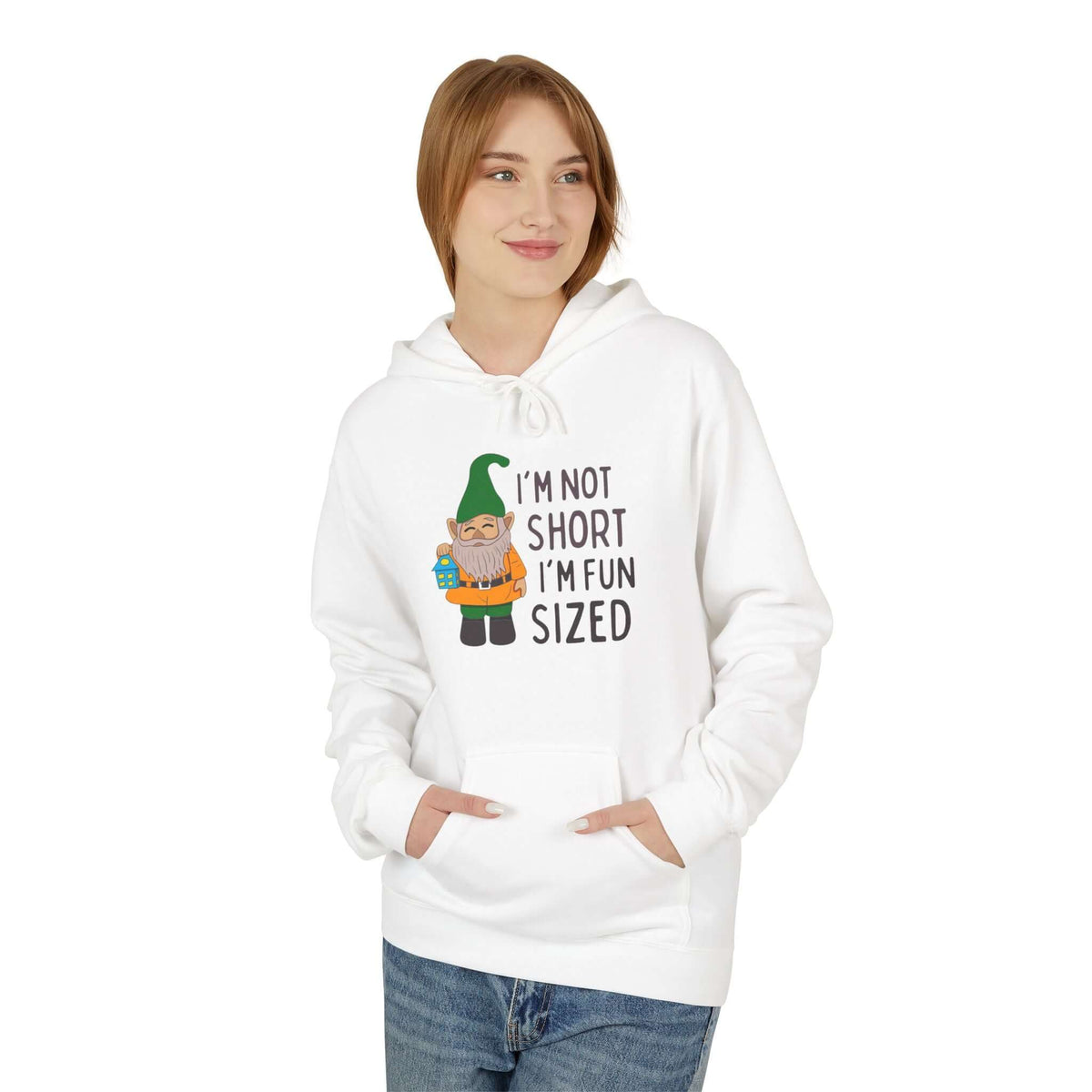 I'm not short I'm fun sized hoodie featuring a cute gnome design, perfect for cozying up on chilly days.