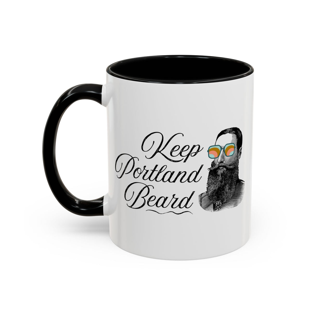 Keep Portland Beard Ceramic Coffee Mug featuring a vintage bearded man in funky sunglasses.