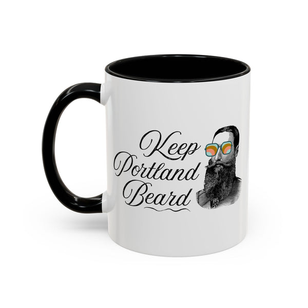 Keep Portland Beard Ceramic Coffee Mug featuring a vintage bearded man in funky sunglasses.