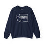 Navy Vancouver Washington sweatshirt featuring state outline and heart design, perfect for hometown pride.