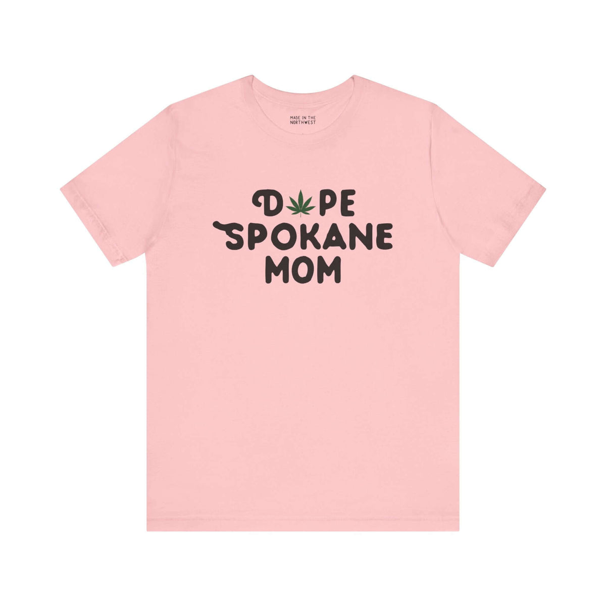 "Dope Spokane Mom soft pink tee with marijuana leaf design, celebrating Spokane's unique style and local vibe."