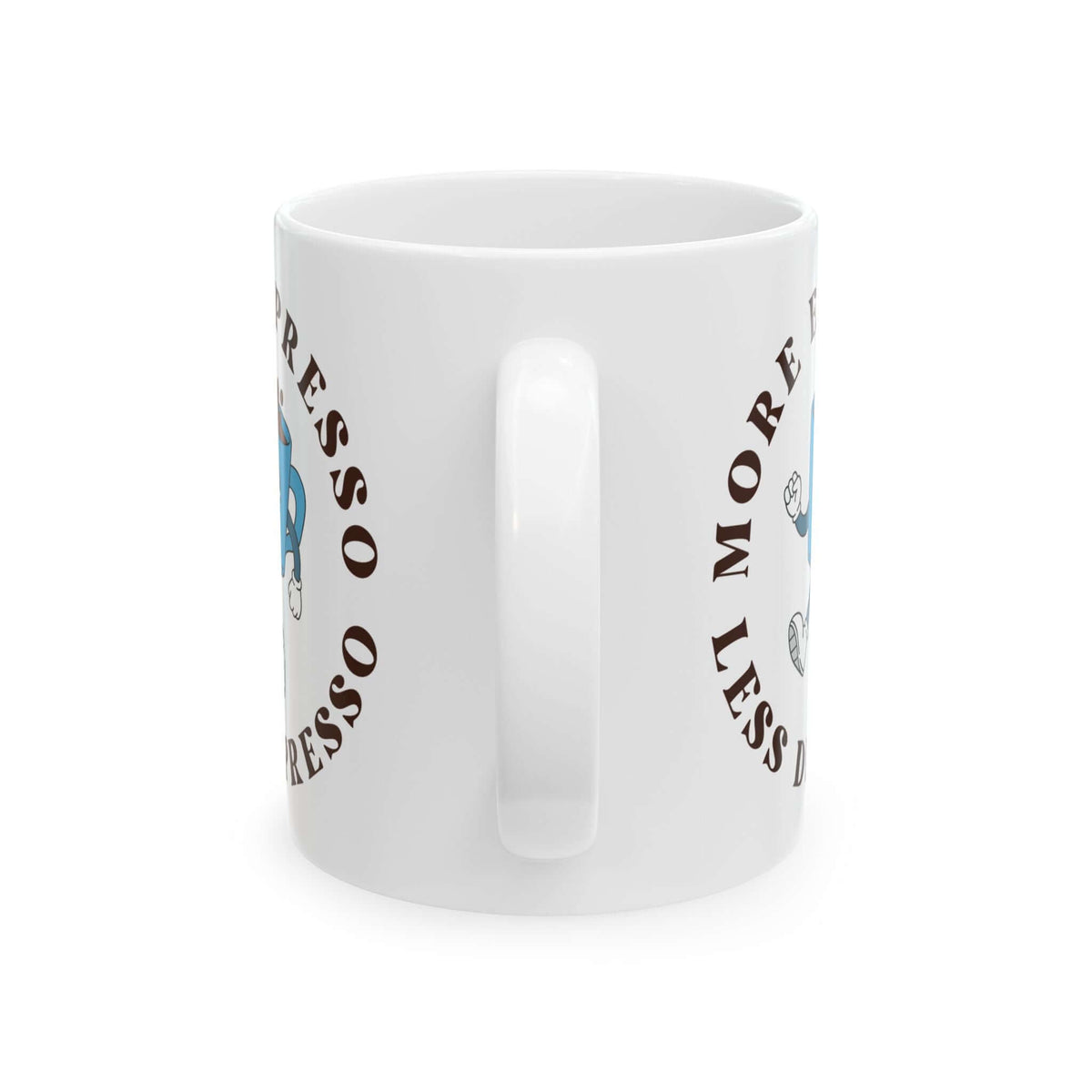 More Espresso Less Depresso Mug with a humorous graphic, perfect for coffee lovers and cheerful mornings.