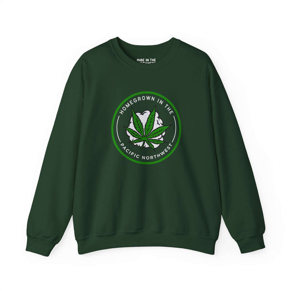Homegrown Vibes PNW Edition sweatshirt with marijuana leaf design in green color, celebrating Pacific Northwest culture.