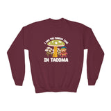 Maroon kids sweatshirt featuring 'I Had the Fungus Time in Tacoma' with a mushroom house and gnome design.