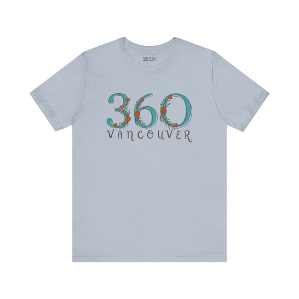 Light blue 360 Floral Area Code Vancouver tee showcasing Pacific Northwest pride with a nature-inspired design for women.