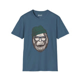 Hipster Squatch unisex softstyle t-shirt featuring Bigfoot in a beanie and glasses, perfect for trendy cryptid lovers.