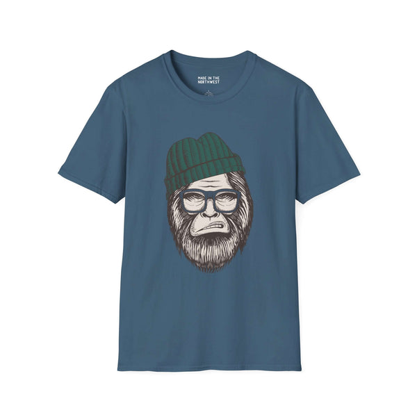 Hipster Squatch unisex softstyle t-shirt featuring Bigfoot in a beanie and glasses, perfect for trendy cryptid lovers.