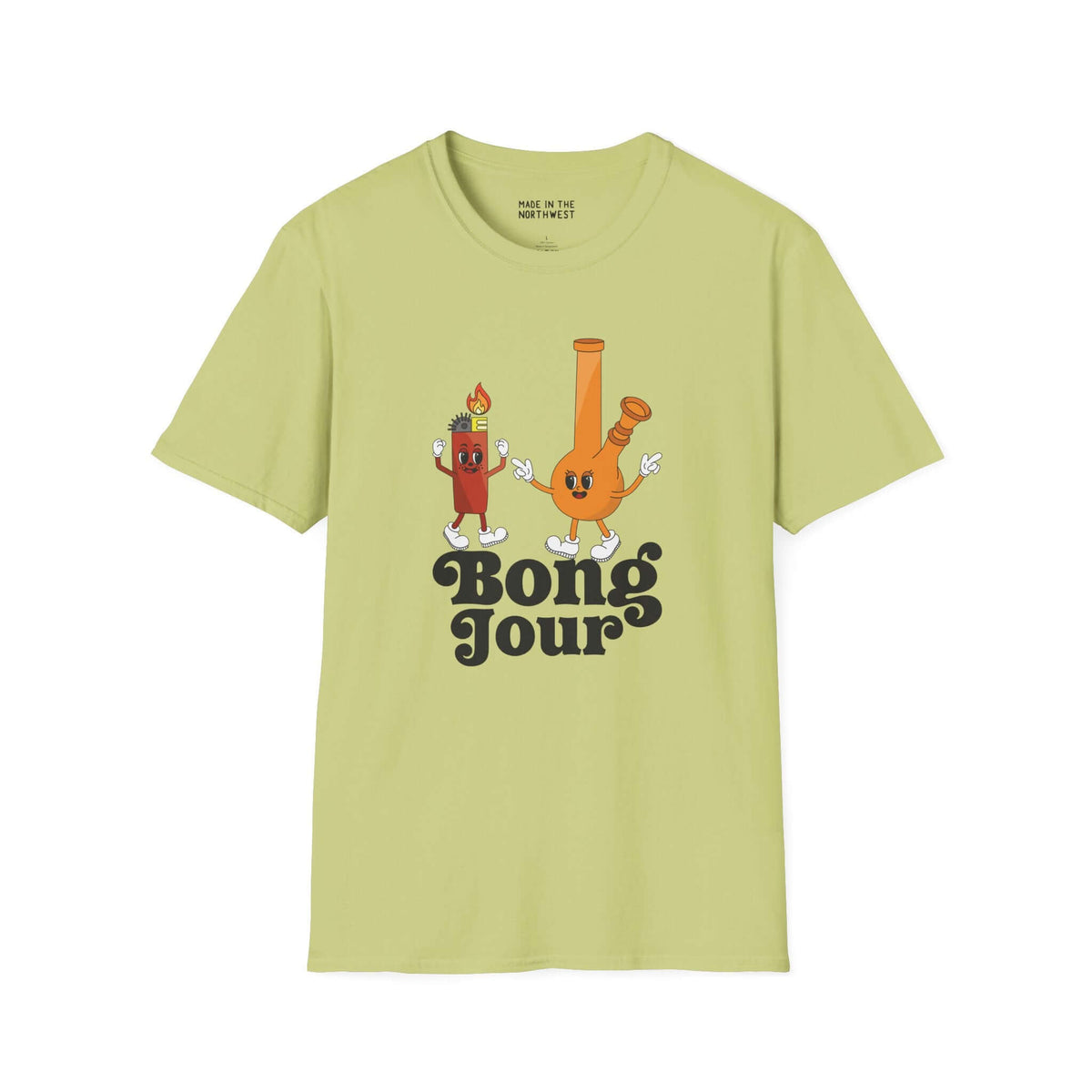 Bong Jour unisex softstyle t-shirt in light green featuring playful bong and lighter design, perfect for cannabis lovers.