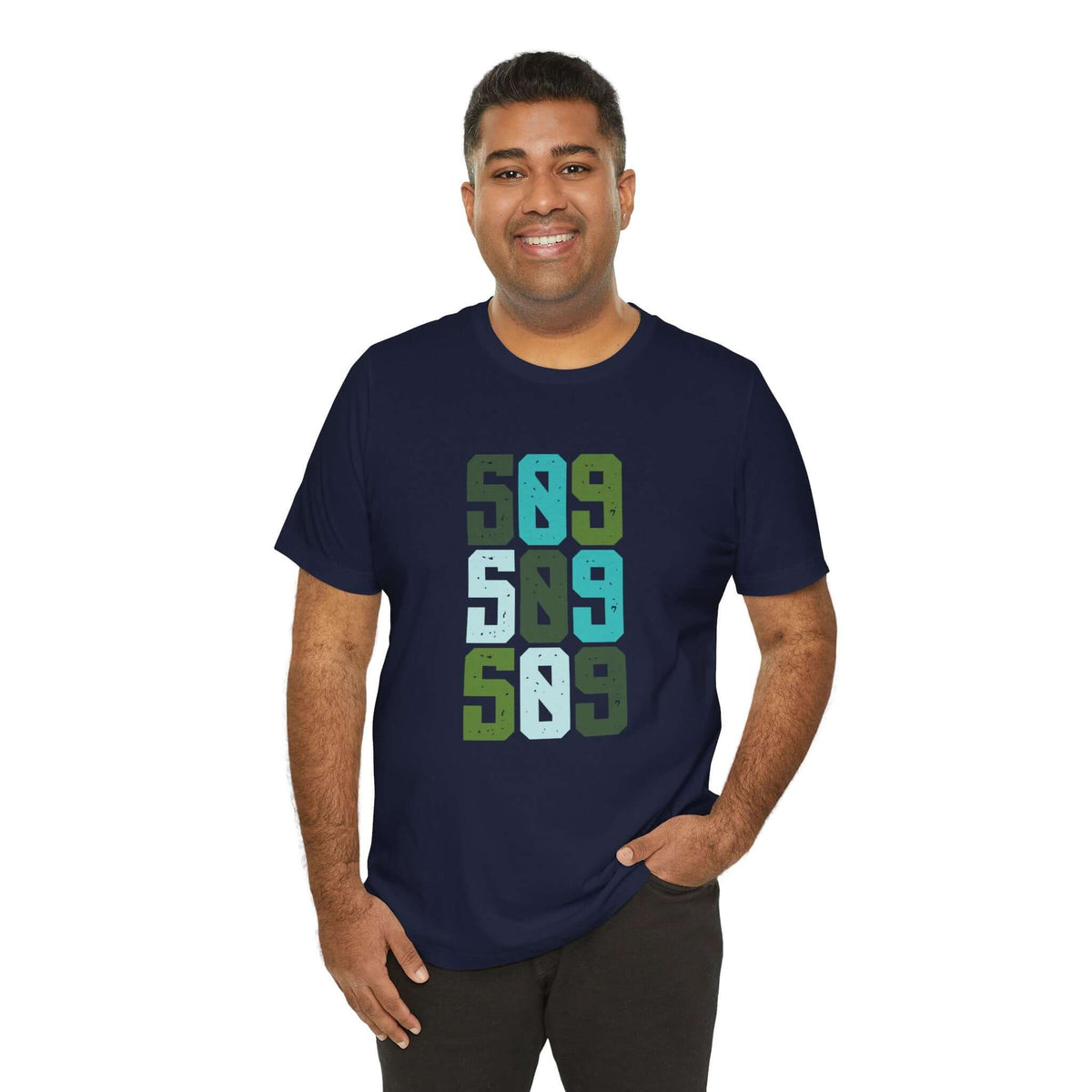 Five-Oh-Nine Pop Premium Soft Tee featuring colorful stacked '509' design on navy shirt, showcasing local pride.