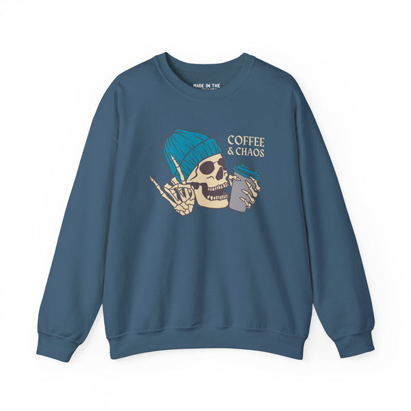 Skeleton vibes sweatshirt in blue featuring 'Coffee & Chaos' design, perfect for coffee lovers and trendsetters.