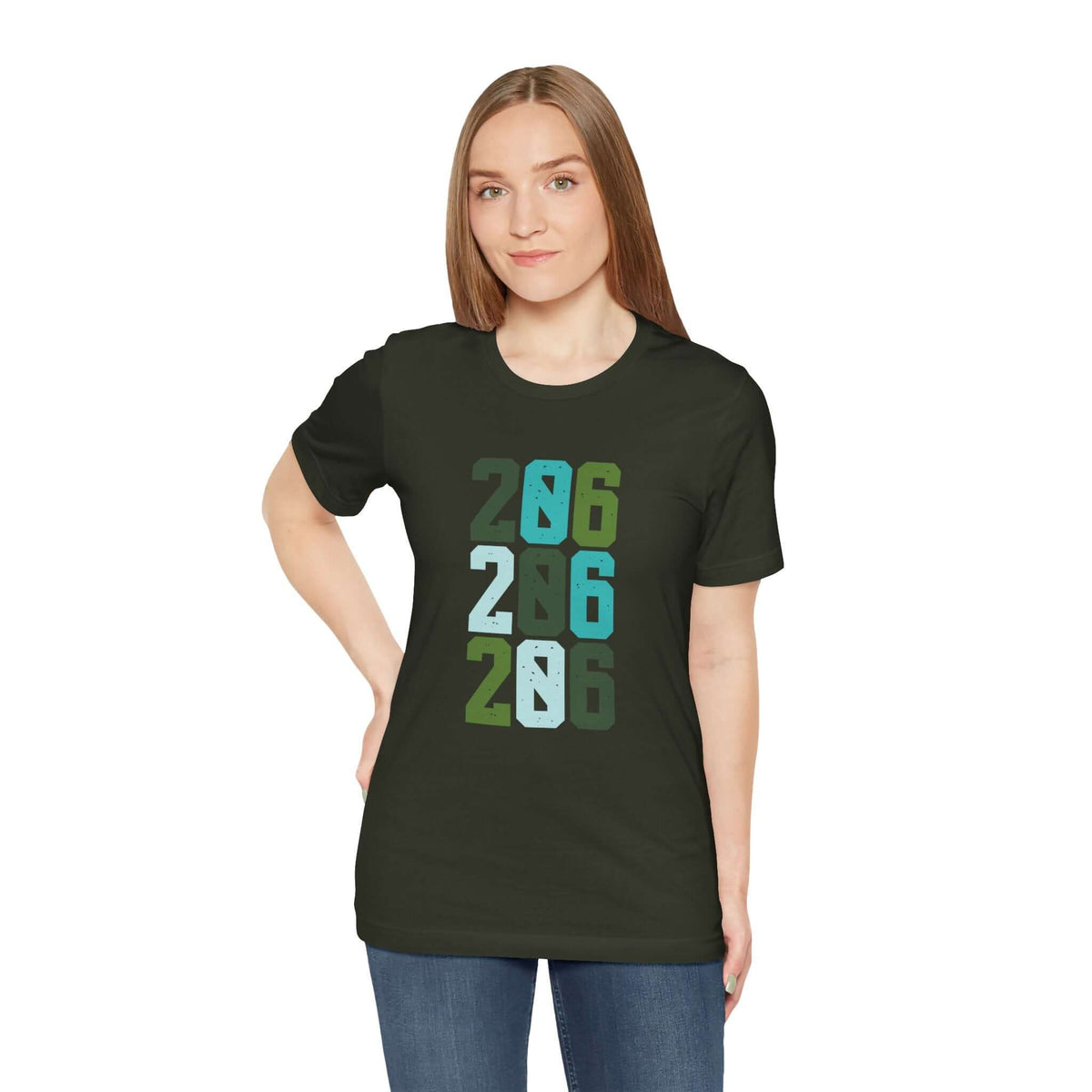 Model wearing Two-Oh-Six Pop Premium Soft Tee featuring vibrant 206 design in Seattle-inspired colors.