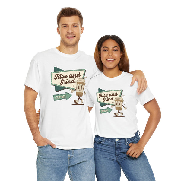 Couple wearing 'Rise and Grind E'eryday' coffee athletic tees, showcasing love for coffee and motivation.