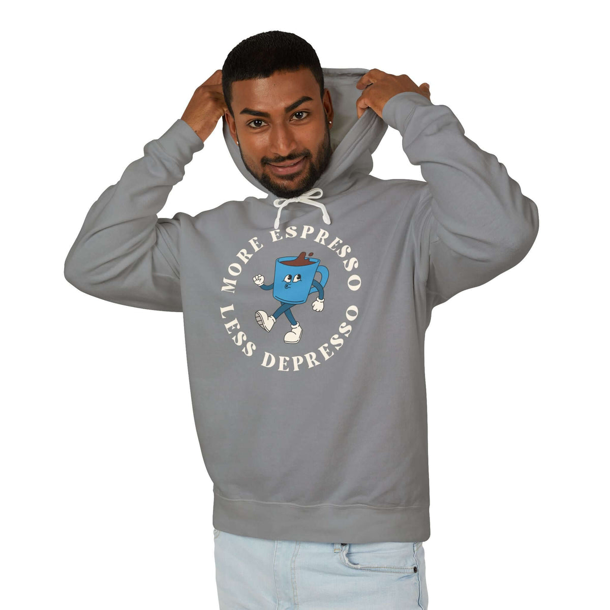 Man wearing a gray hoodie featuring the phrase 'More Espresso Less Depresso' with a coffee cup graphic.