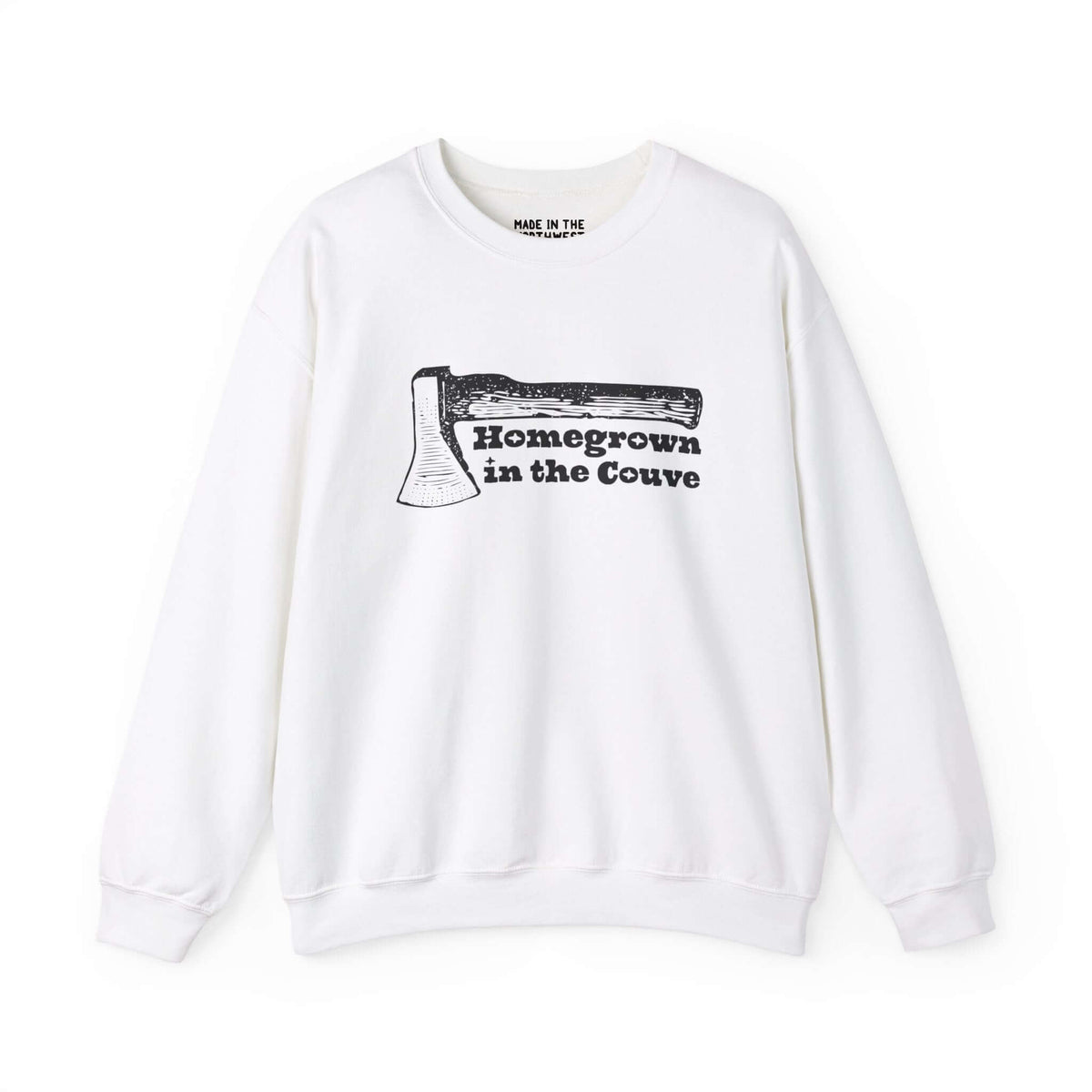 Homegrown in the Couve sweatshirt with axe illustration, celebrating Vancouver roots and Pacific Northwest style.