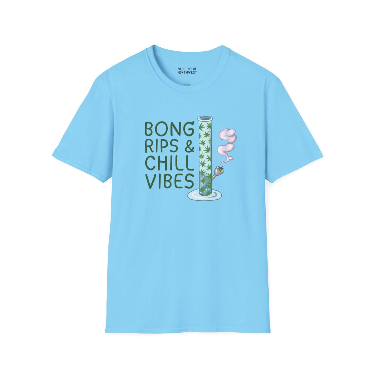 Bong Rips & Chill Vibes softstyle t-shirt in blue featuring a playful graphic design.