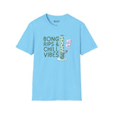 Bong Rips & Chill Vibes softstyle t-shirt in blue featuring a playful graphic design.