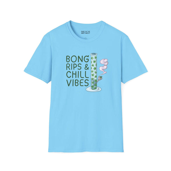 Bong Rips & Chill Vibes softstyle t-shirt in blue featuring a playful graphic design.