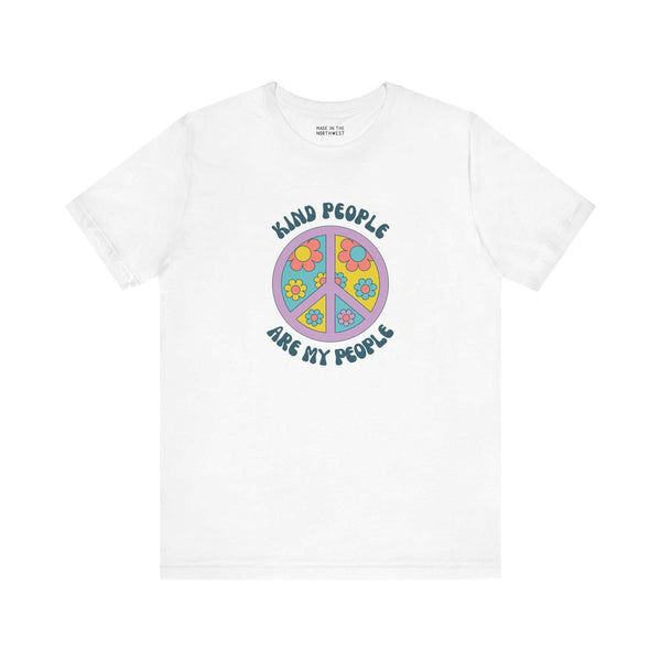 Kind People Are My People unisex tee featuring a colorful floral peace sign on a white background.