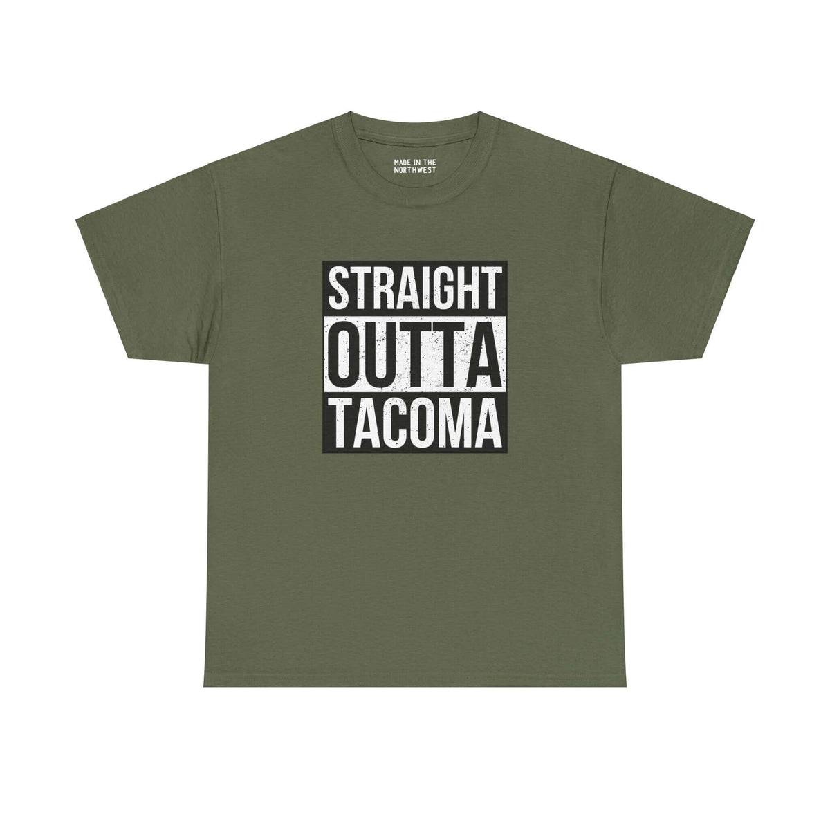 Olive green tee with "Straight Outta Tacoma" text, blending streetwear style and city pride.