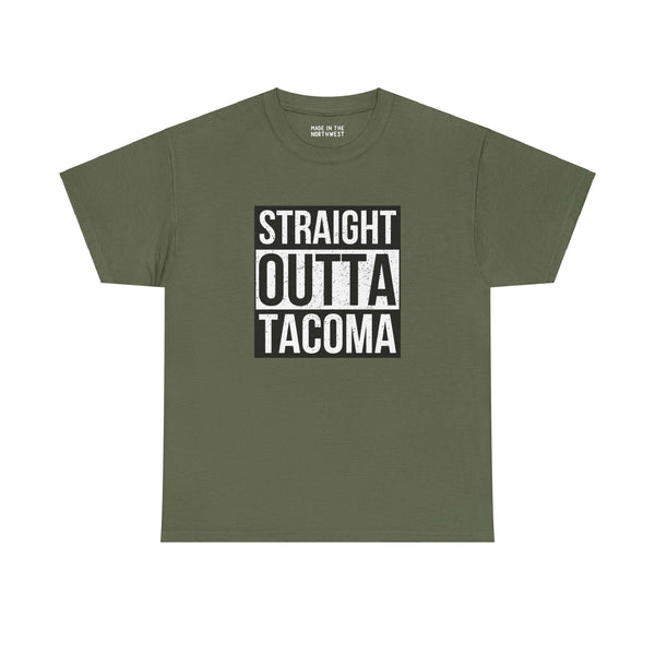 Olive green tee with "Straight Outta Tacoma" text, blending streetwear style and city pride.