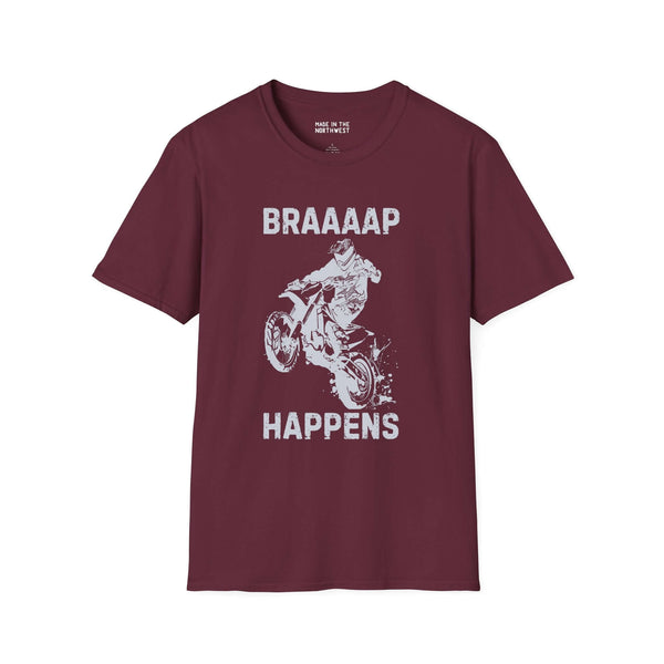 Braaaap Happens motocross softstyle t-shirt in maroon with a rider and dirt graphics.