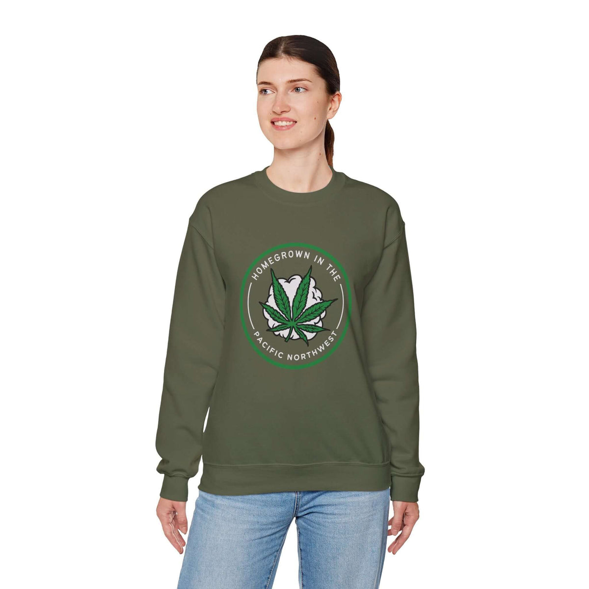 Woman wearing green sweatshirt with marijuana leaf and smoke design, celebrating Pacific Northwest lifestyle and culture.