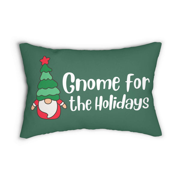 Gnome for the Holidays pillow with cheerful gnome design on green background for festive decor.