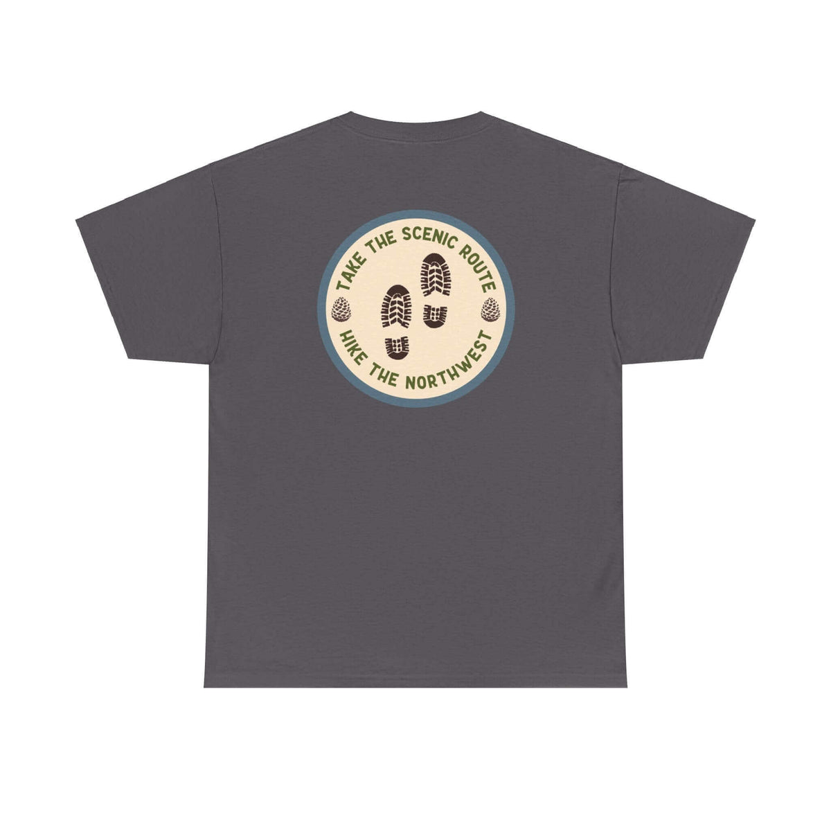 "Take the Scenic Route Northwest hiking tee with back design, featuring shoe prints, ideal for adventure and outdoor enthusiasts."