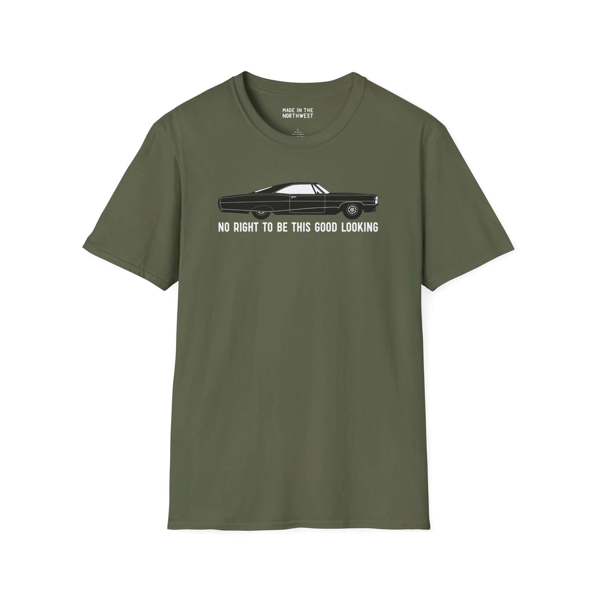 No Right to Be This Good Looking softstyle t-shirt featuring a sleek 1965 Pontiac Bonneville design, perfect for car enthusiasts.