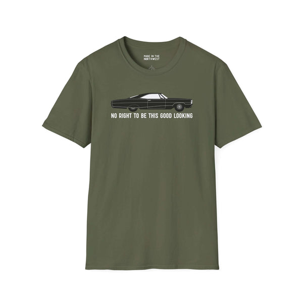 No Right to Be This Good Looking softstyle t-shirt featuring a sleek 1965 Pontiac Bonneville design, perfect for car enthusiasts.