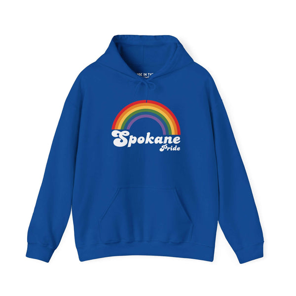 Blue Spokane Pride hoodie with rainbow design, celebrating love and inclusivity for the LGBTQ+ community.