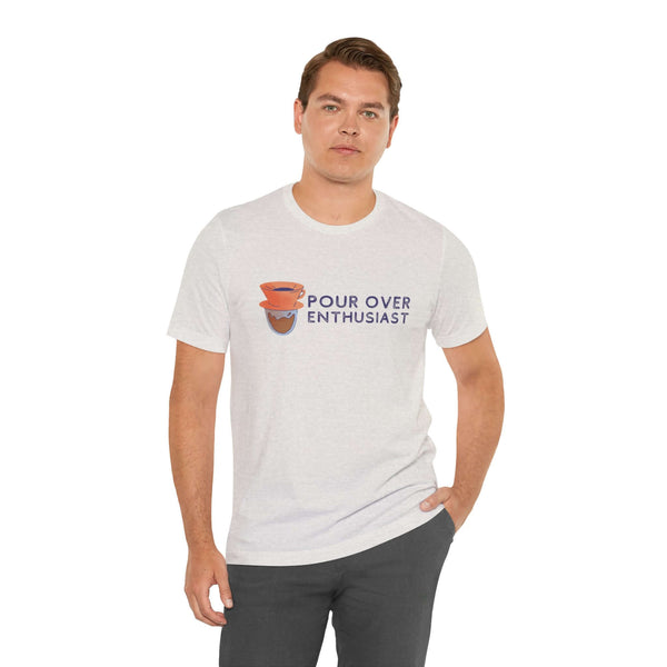 Man wearing a Pour Over Enthusiast premium soft tee, featuring a pour-over coffee design.