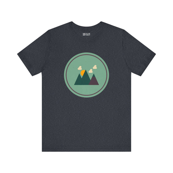 Minimalist Forest Northwest style tee with modern mountain design on dark fabric. Perfect for nature lovers and adventure seekers.