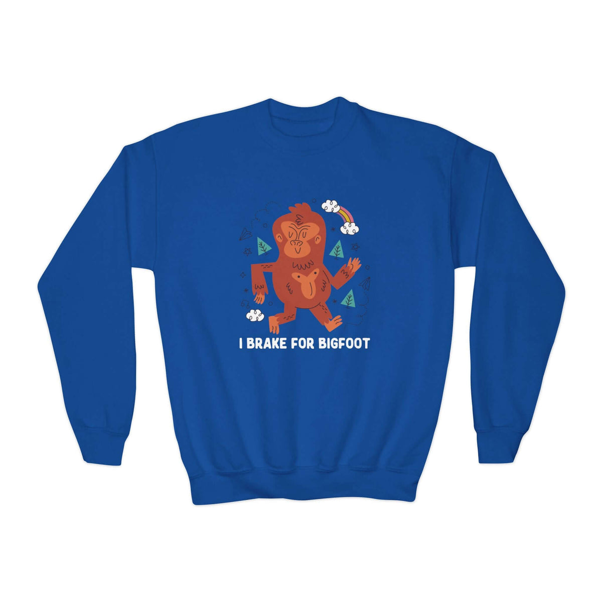 Blue kids sweatshirt with "I Brake for Bigfoot" design featuring a cartoon Bigfoot illustration for adventure-loving children.