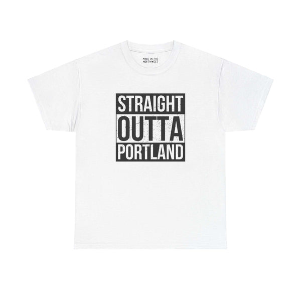 "Straight Outta Portland white athletic tee with bold black text for local pride and streetwear style"