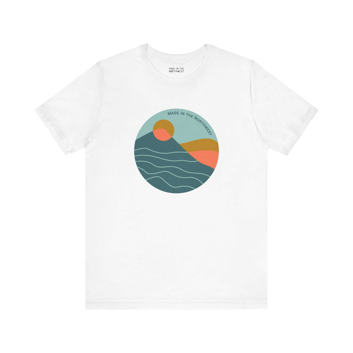 Pacific Peaks Modern Circle Soft Tee featuring a colorful mountain design, perfect for Pacific Northwest style lovers.