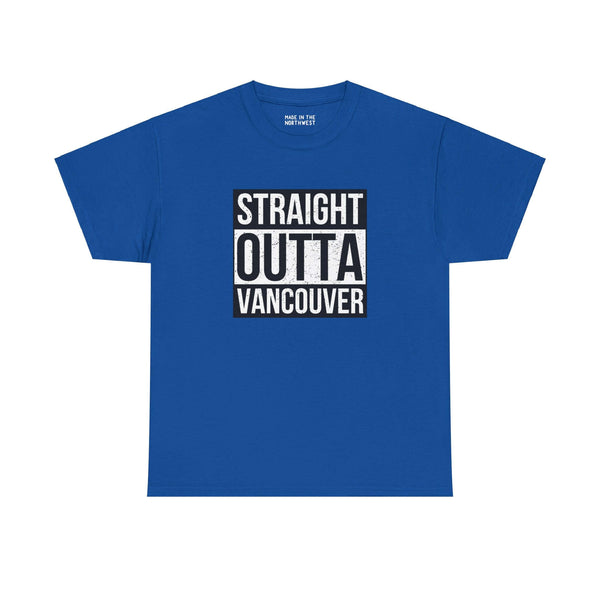 Blue "Straight Outta Vancouver" tee with bold lettering, perfect for showcasing city pride and streetwear style.