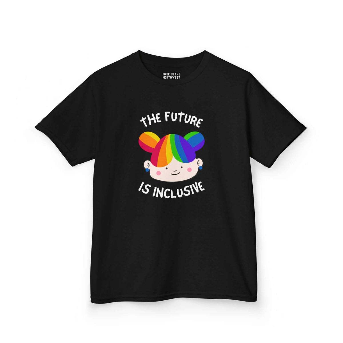 Black kids' tee with rainbow design and 'The Future is Inclusive' slogan, promoting kindness and acceptance.
