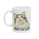 Crazy Cat Lady mug featuring a hand-drawn cat portrait and playful lettering design.