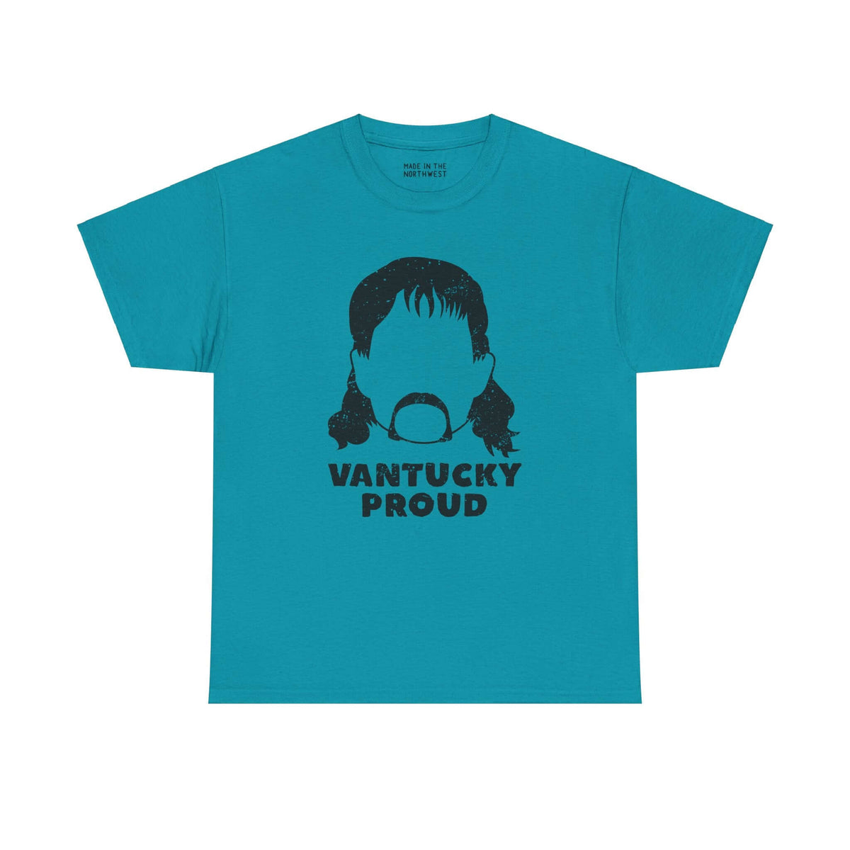 Teal "Vantucky Proud" tee with graphic of Rusty McCoy, embodying resilience and no-nonsense character of the 'Couve.