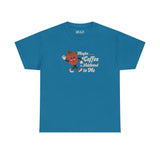 Blue athletic tee featuring playful design with text 