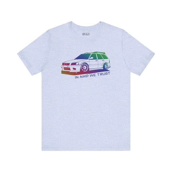 In AWD We Trust tee featuring a slammed Subaru WRX wagon graphic on a gray premium soft shirt.